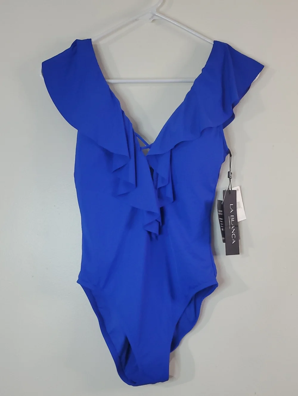 NWT La Blanca Island Goddess Sapphire Ruffled V-Neck One-Piece Swimsuit Size 4